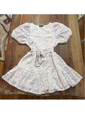 Lulus White Pink Blue Floral Puff Sleeve Button Front Tie Waist Mini Dress Small